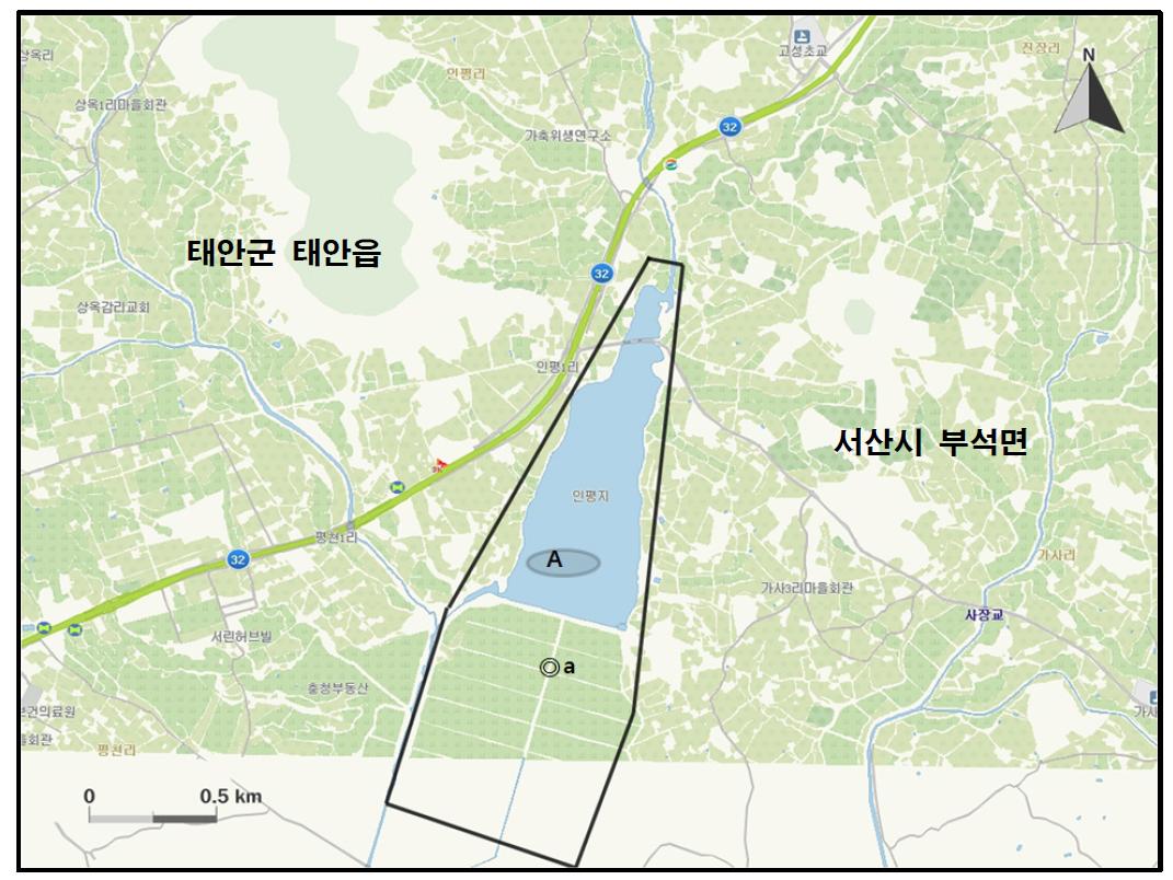 인평(강수)저수지 지역에서 개체수가 많이 관찰된 지역( )과 멸종위기 야생동식물 Ⅰ급(●), Ⅱ급(◎) 조류가 관찰된 지역.