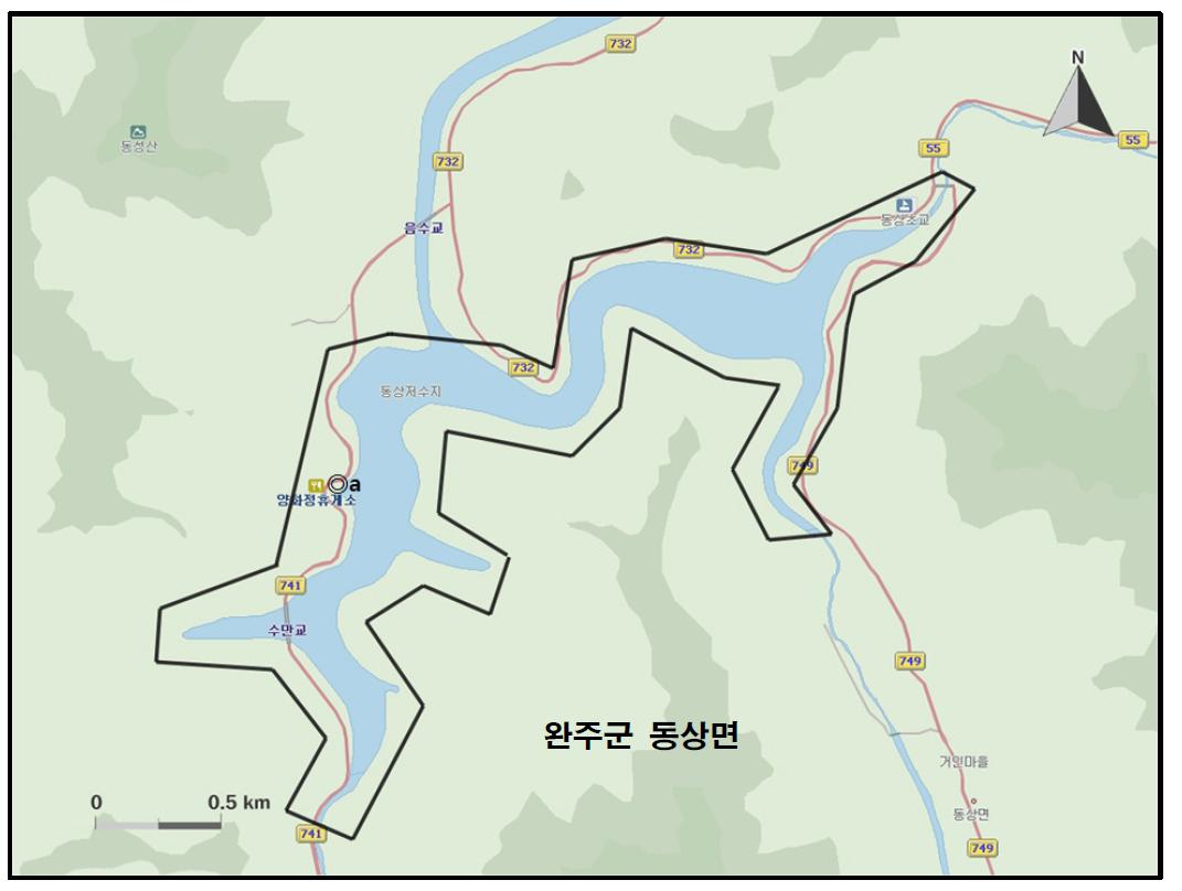 동상저수지에서 개체수가 많이 관찰된 지역( )과 멸종위기 야생동식물 Ⅰ급(●), Ⅱ급(◎) 조류가 관찰된 지역