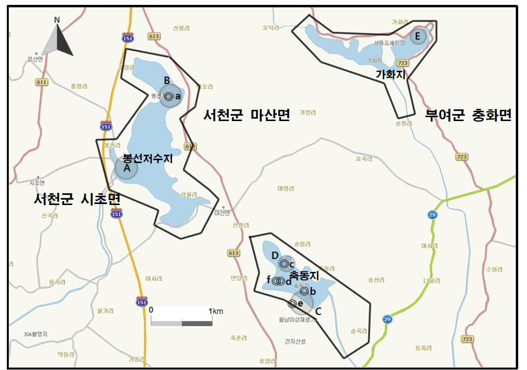 봉선저수지 지역에서 개체수가 많이 관찰된 지역( )과 멸종위기 야생동식물 Ⅰ급(●), Ⅱ급(◎) 조류가 관찰된 지역