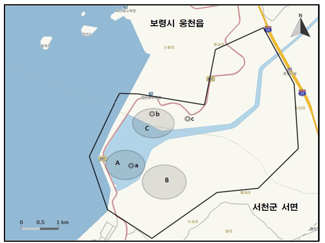 부사지구간척지 지역에서 개체수가 많이 관찰된 지역( )과 멸종위기 야생동식물 Ⅰ급 (●), Ⅱ급(◎) 조류가 관찰된 지역