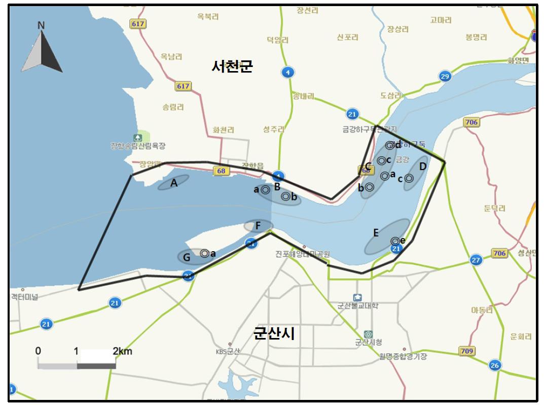 금강하구 지역에서 개체수가 많이 관찰된 지역( )과 멸종위기 야생동식물 Ⅰ급(●), Ⅱ급(◎) 조류가 관찰된 지역