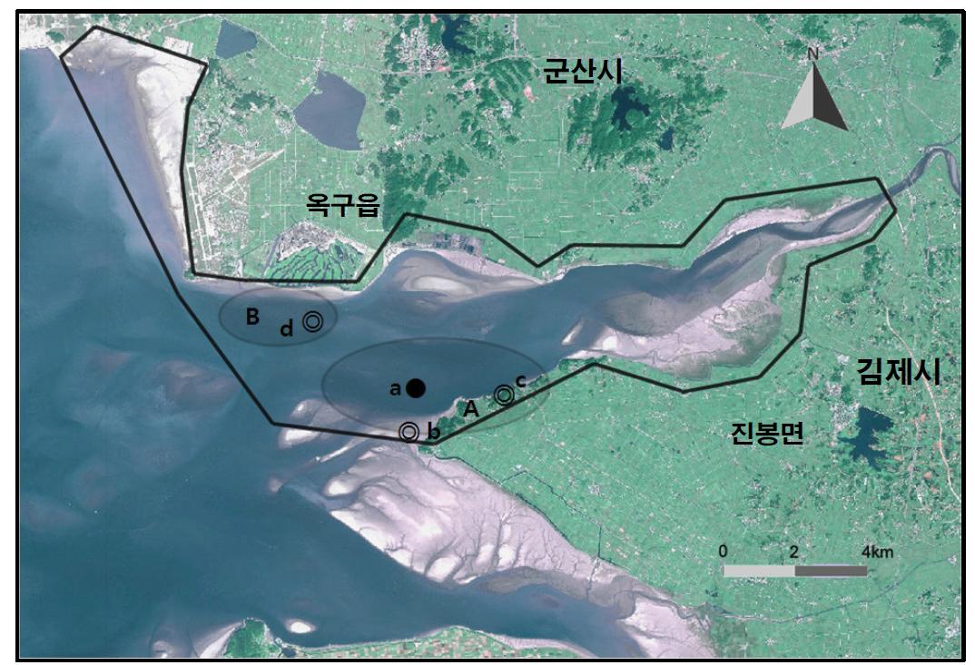 만경강 지역에서 개체수가 많이 관찰된 지역( )과 멸종위기 야생동식물 Ⅰ급(●), Ⅱ급(◎) 조류가 관찰된 지역