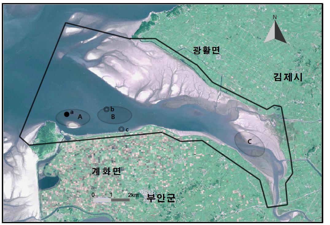 동진강 하구 지역에서 개체수가 많이 관찰된 지역( )과 멸종위기 야생동식물 Ⅰ급(●), Ⅱ급(◎) 조류가 관찰된 지역