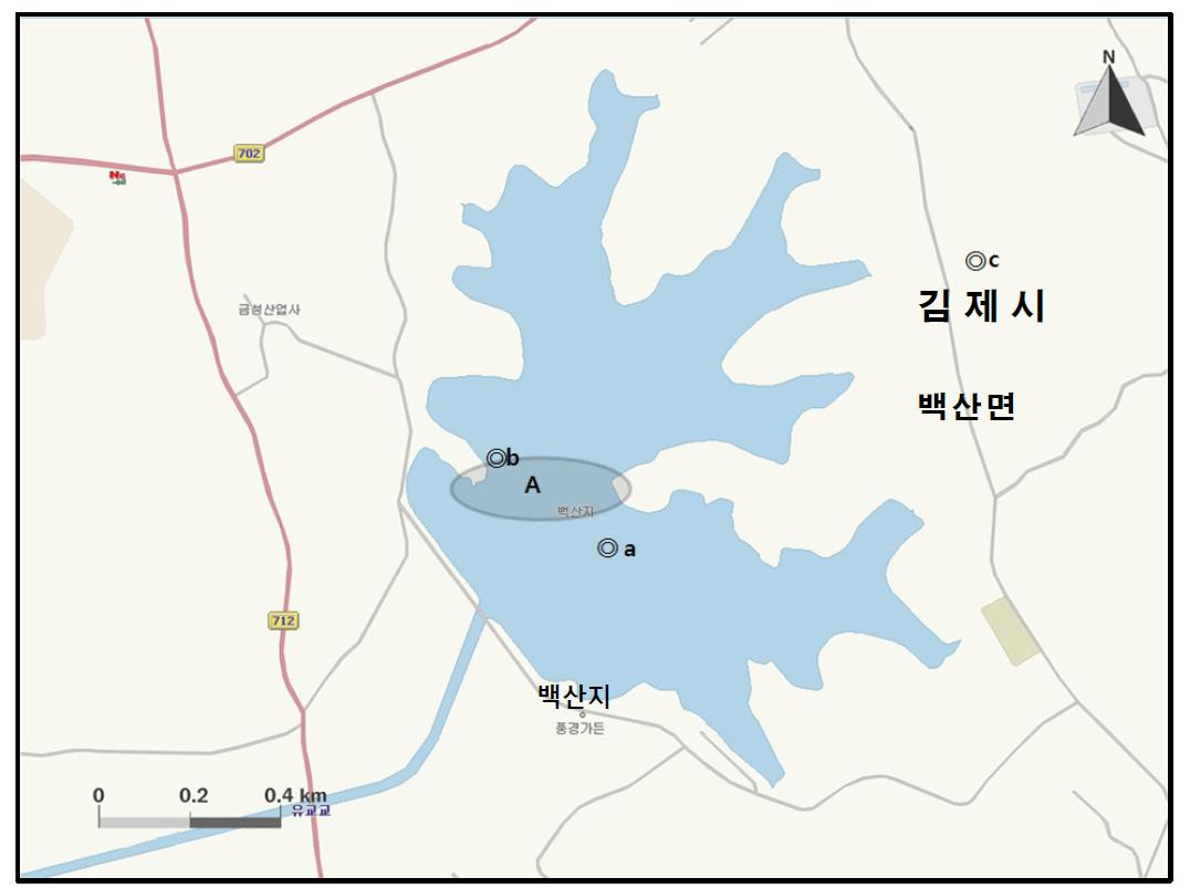 백산지 지역에서 개체수가 많이 관찰된 지역( )과 멸종위기 야생동식물 Ⅰ급(●), Ⅱ급(◎) 조류가 관찰된 지역