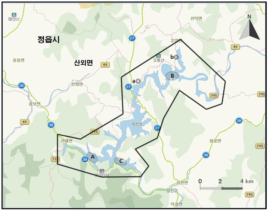 옥정호 지역에서 개체수가 많이 관찰된 지역( )과 멸종위기 야생동식물 Ⅰ급(●), Ⅱ급(◎) 조류가 관찰된 지역