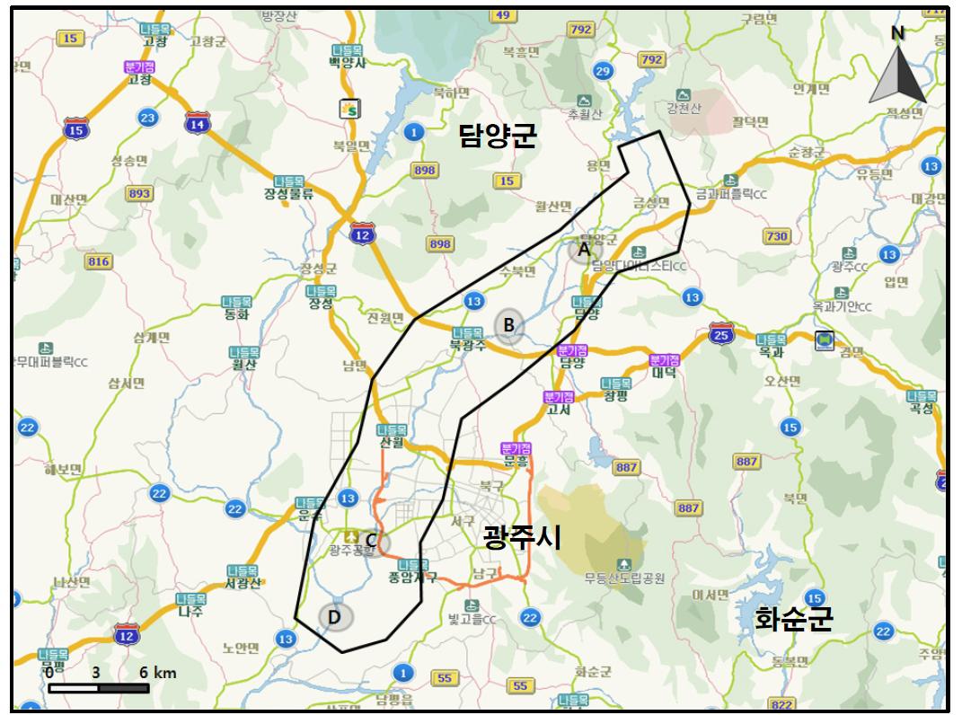 영산강 상류에서 개체수가 많이 관찰된 지역과 멸종위기 야생동식물 Ⅰ급(●), Ⅱ급(◎) 조류가 관찰된 지역