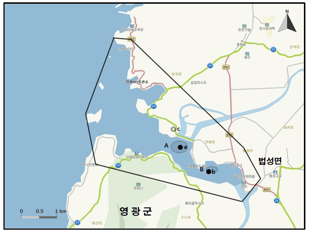 법성포 지역에서 개체수가 많이 관찰된 지역( )과 멸종위기 야생동식물 Ⅰ급(●), Ⅱ급(◎) 조류가 관찰된 지역