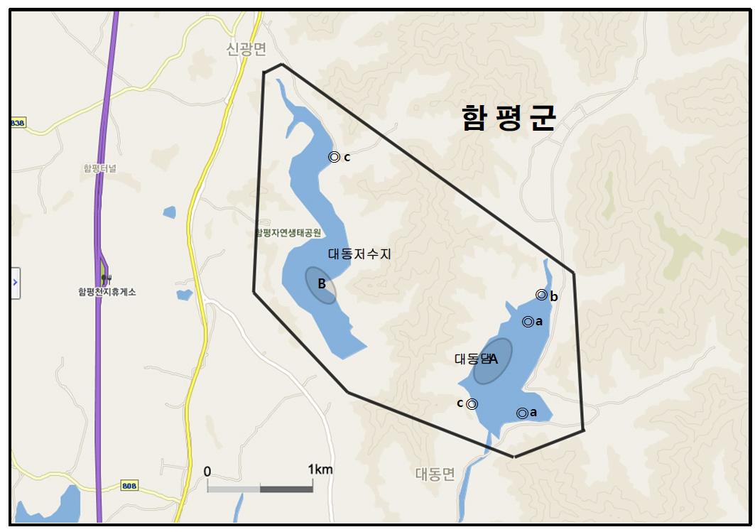 함평 대동댐 지역에서 개체수가 많이 관찰된 지역( )과 멸종위기 야생동식물 Ⅰ급(●), Ⅱ급(◎) 조류가 관찰된 지역