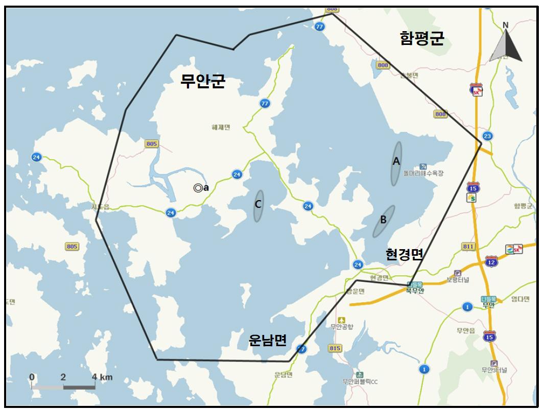 무안군 현경면, 운남면 지역에서 개체수가 많이 관찰된 지역( )과 멸종위기 야생동식물 Ⅰ급(●), Ⅱ급(◎) 조류가 관찰된 지역