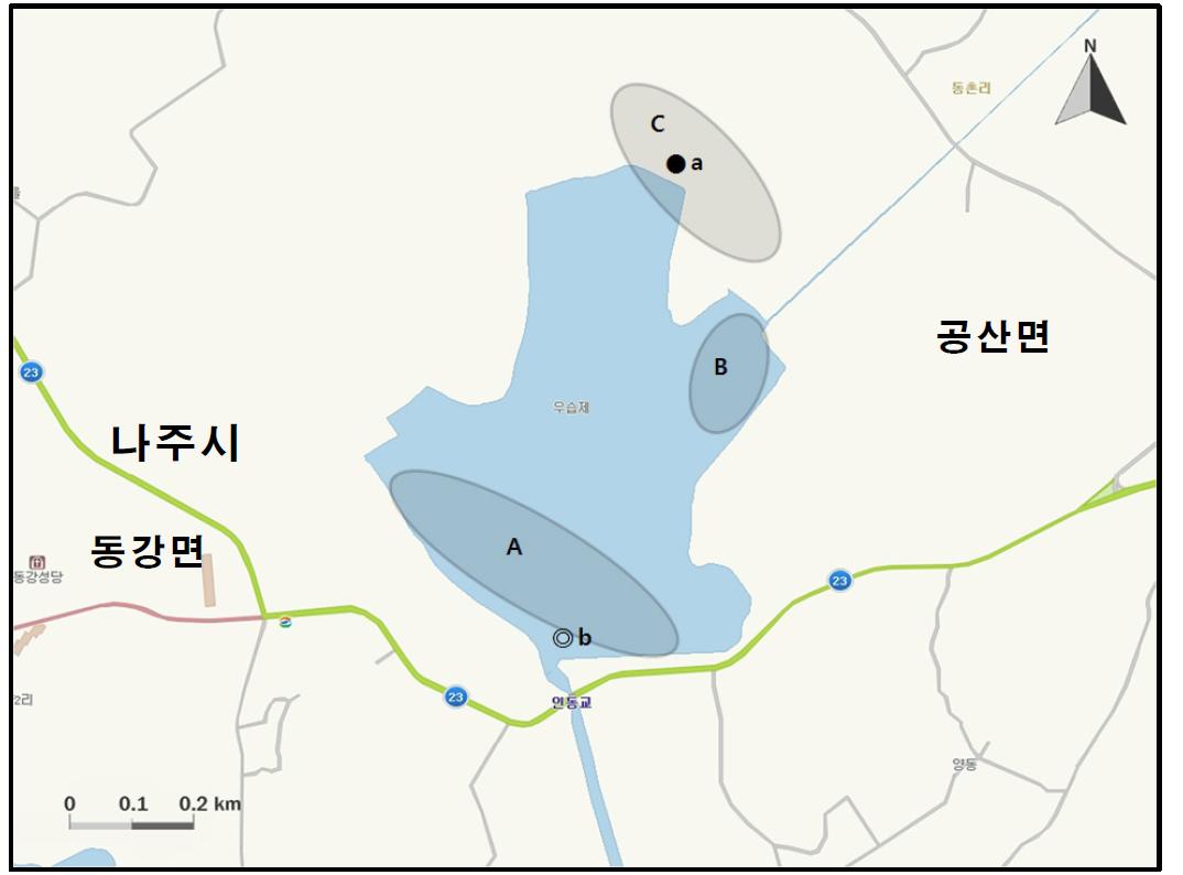 우습제 지역에서 개체수가 많이 관찰된 지역( )과 멸종위기 야생동식물 Ⅰ급(●), Ⅱ급(◎) 조류가 관찰된 지역