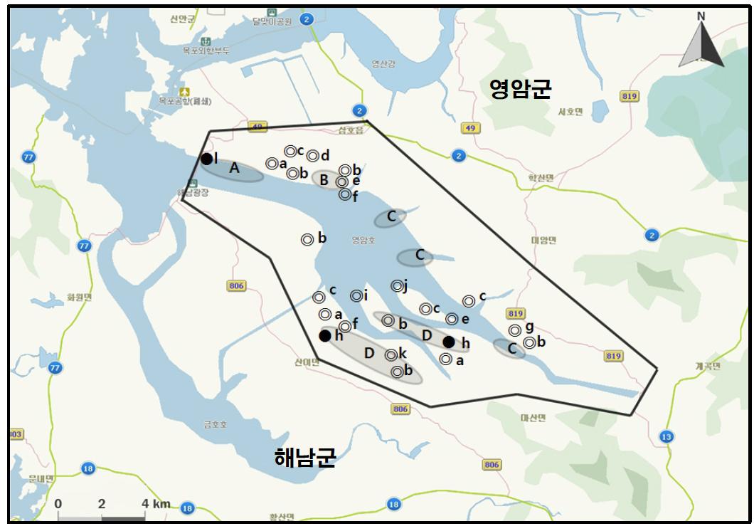 영암호 지역에서 개체수가 많이 관찰된 지역( )과 멸종위기 야생동식물 Ⅰ급(●), Ⅱ급(◎) 조류가 관찰된 지역.