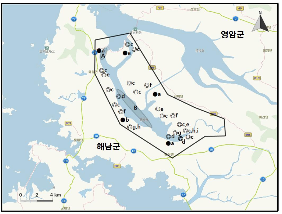 금호호 지역에서 개체수가 많이 관찰된 지역( )과 멸종위기 야생동식물 Ⅰ급(●), Ⅱ급(◎) 조류가 관찰된 지역