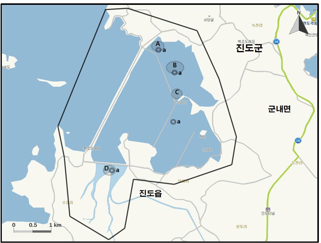 군내간척지 지역에서 개체수가 많이 관찰된 지역( )과 멸종위기 야생동․식물 Ⅱ급(◎) 조류가 관찰된 지역