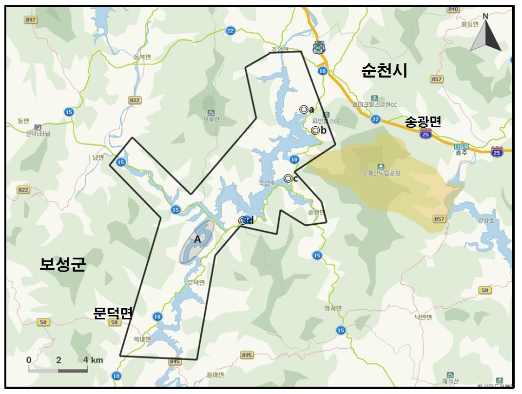 주암호 지역에서 개체수가 많이 관찰된 지역( )과 멸종위기 야생동식물 Ⅰ급(●), Ⅱ급(◎) 조류가 관찰된 지역