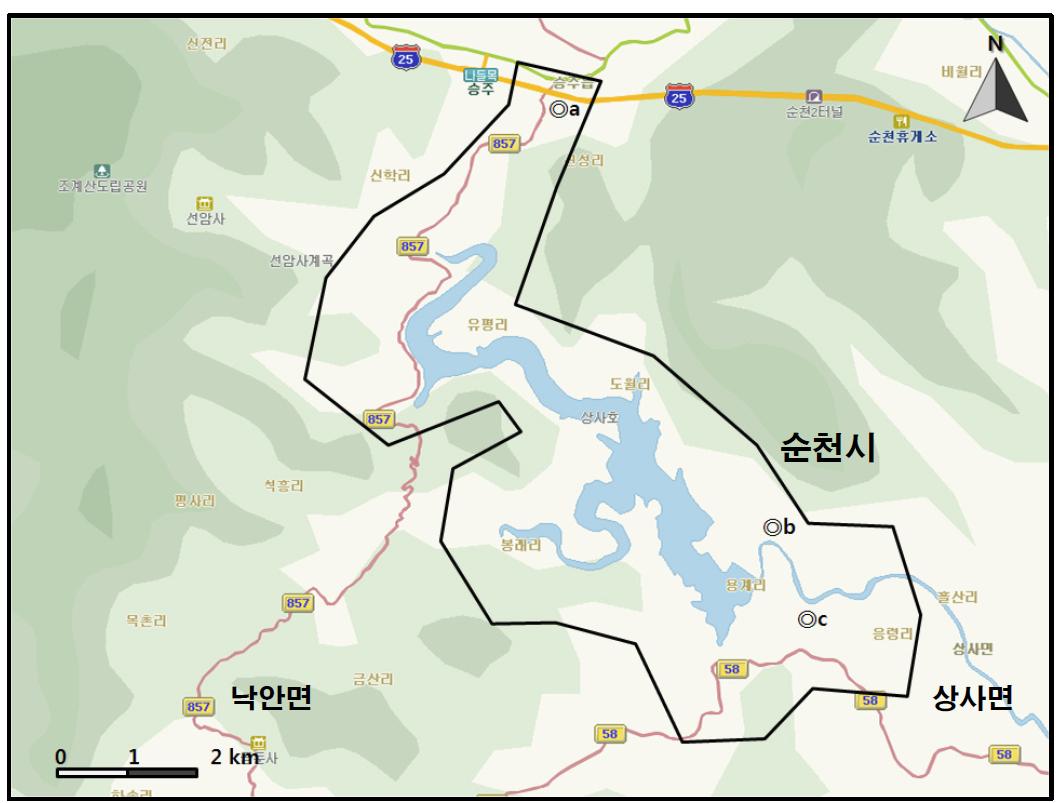 상사호 지역에서 개체수가 많이 관찰된 지역( )과 멸종위기 야생동식물 Ⅰ급(●), Ⅱ급(◎) 조류가 관찰된 지역.