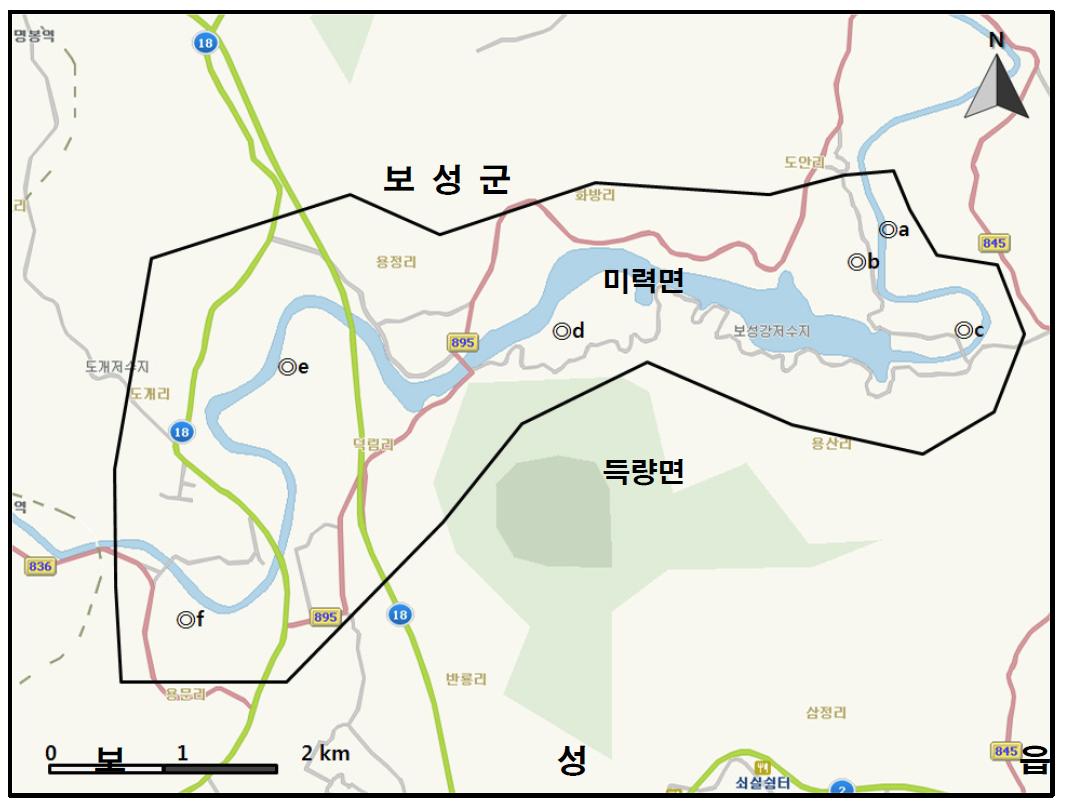 보성강저수지 지역에서 개체수가 많이 관찰된 지역( )과 멸종위기 야생동식물 Ⅰ급(●), Ⅱ급(◎) 조류가 관찰된 지역.