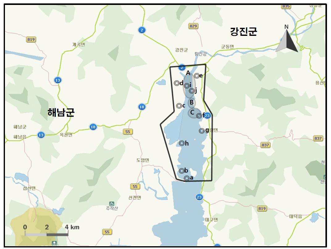 강진만 지역에서 개체수가 많이 관찰된 지역( )과 멸종위기 야생동식물 Ⅱ급(◎) 조류가 관찰된 지역.