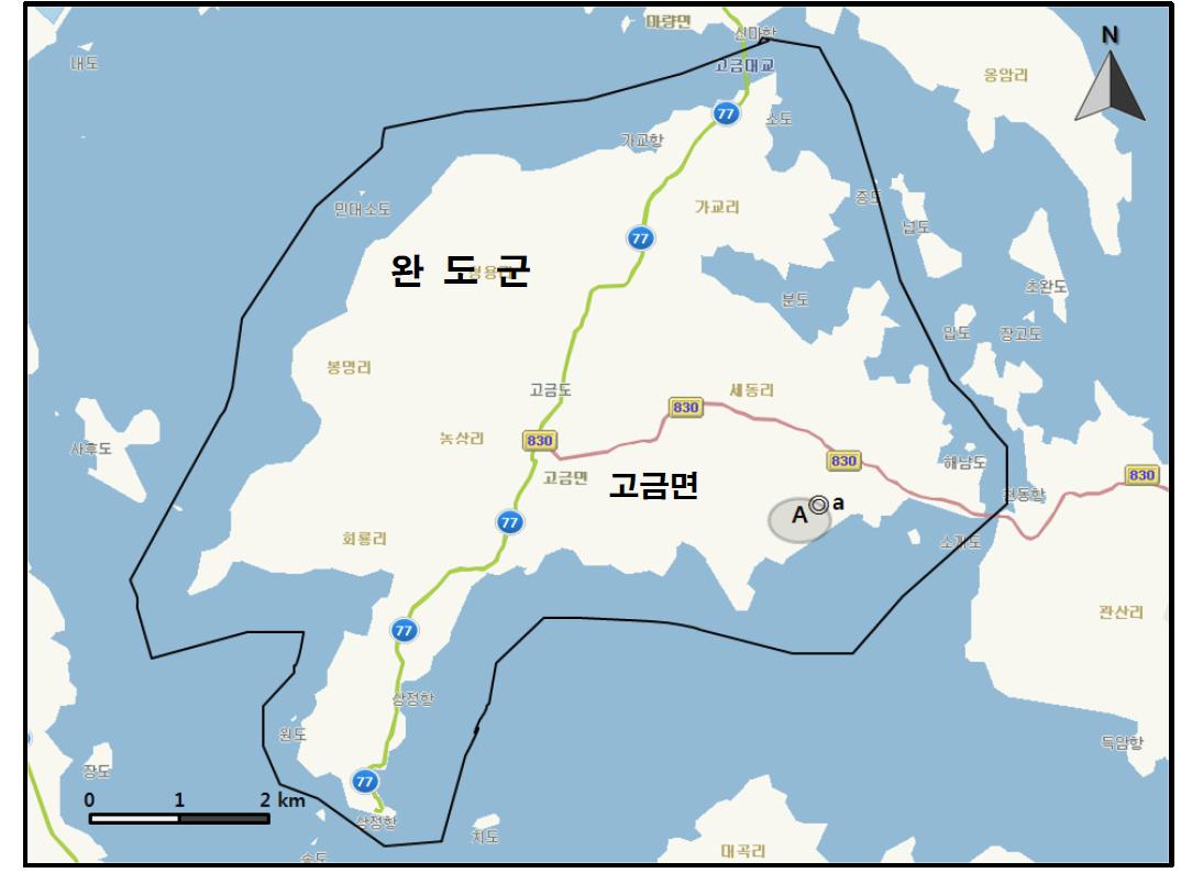 고금도 지역에서 개체수가 많이 관찰된 지역( )과 멸종위기 야생동․식물 Ⅱ급(◎) 조류가 관찰된 지역