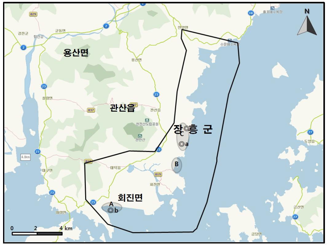 장흥해안 지역에서 개체수가 많이 관찰된 지역( )과 멸종위기 야생동․식물 Ⅱ급(◎) 조류가 관찰된 지역