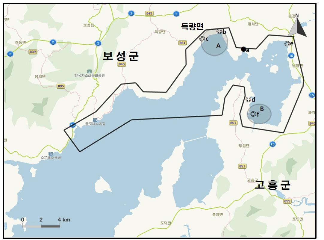 보성만-득량만 지역에서 개체수가 많이 관찰된 지역( )과 멸종위기 야생동식물 Ⅰ급(●), Ⅱ급(◎) 조류가 관찰된 지역