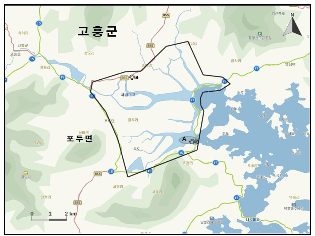 포두면 간척지, 해창만 지역에서 개체수가 많이 관찰된 지역( )과 멸종위기 야생동식물 Ⅱ급(◎) 조류가 관찰된 지역