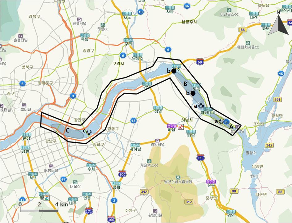 성수대교-팔당댐에서 개체수가 많이 관찰된 지역( )과 멸종위기 야생동식물 Ⅰ급(●), Ⅱ급(◎) 조류가 관찰된 지역.