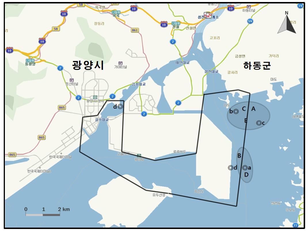 광양만, 갈사만 지역에서 개체수가 많이 관찰된 지역( )과 멸종위기 야생동식물 Ⅰ급(●), Ⅱ급(◎) 조류가 관찰된 지역