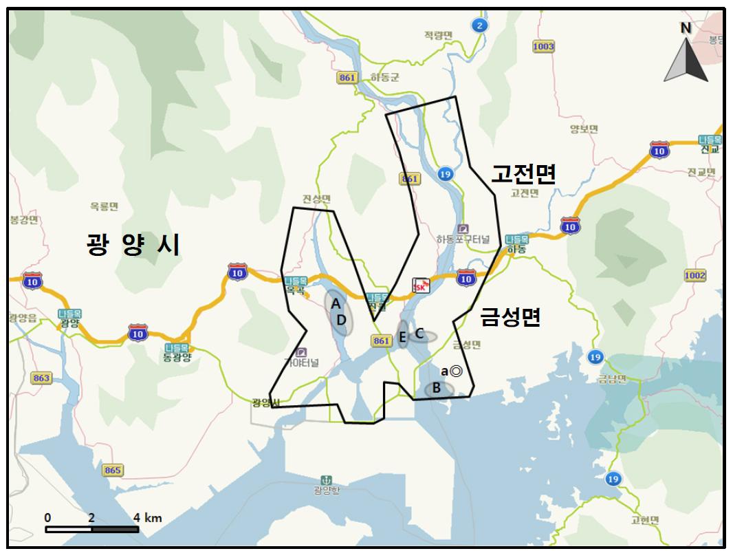 섬진강하구, 수어천하류 지역에서 개체수가 많이 관찰된 지역( )과 멸종위기 야생동식물 Ⅰ급(●), Ⅱ급(◎) 조류가 관찰된 지역