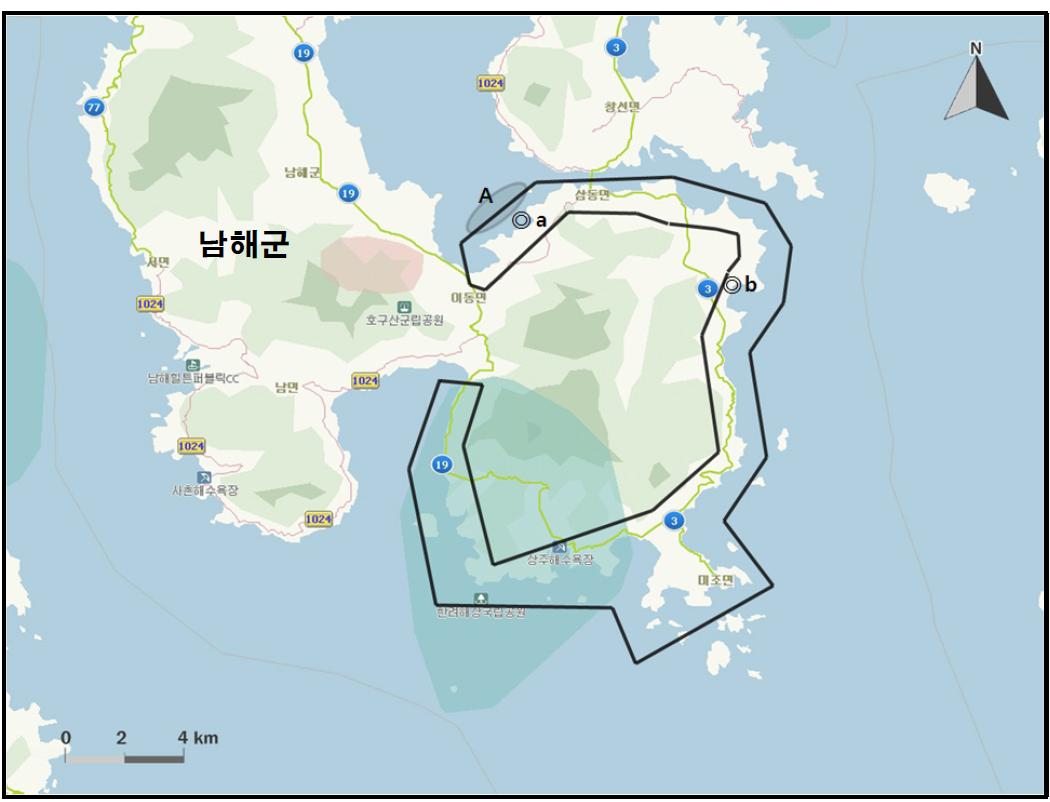 남해해안 지역에서 개체수가 많이 관찰된 지역( )과 멸종위기 야생동식물 Ⅰ급(●), Ⅱ급(◎) 조류가 관찰된 지역