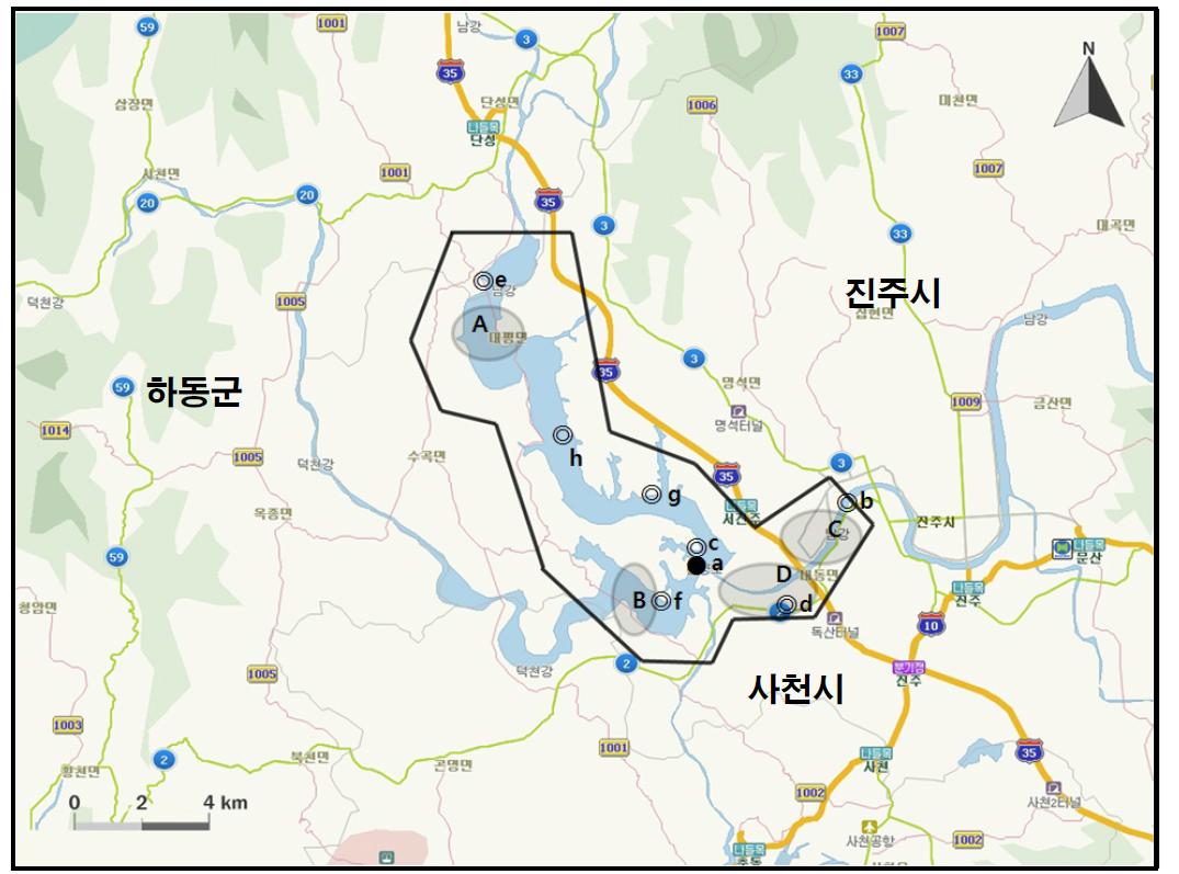 진양호 지역에서 개체수가 많이 관찰된 지역( )과 멸종위기 야생동식물 Ⅰ급(●), Ⅱ급(◎) 조류가 관찰된 지역