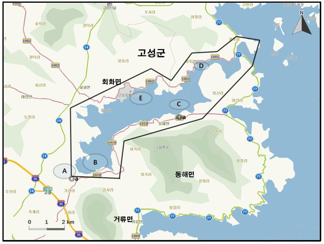 고성군 거류면, 동해면(당항만) 지역에서 개체수가 많이 관찰된 지역( )과 멸종위기 야생동식물 Ⅰ급(●), Ⅱ급(◎) 조류가 관찰된 지역