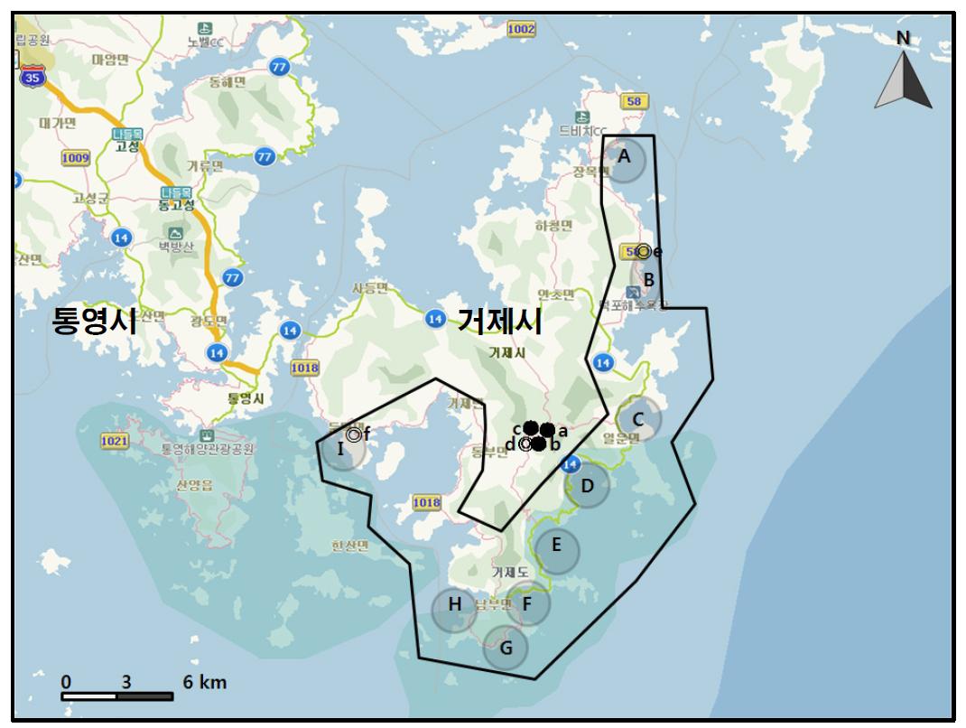 거제도해안 지역에서 개체수가 많이 관찰된 지역(●)과 멸종위기 야생동식물 Ⅱ급(◎) 조류가 관찰된 지역