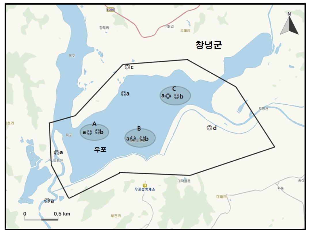 우포 지역에서 개체수가 많이 관찰된 지역( )과 멸종위기 야생동식물 Ⅰ급(●), Ⅱ급(◎) 조류가 관찰된 지역.