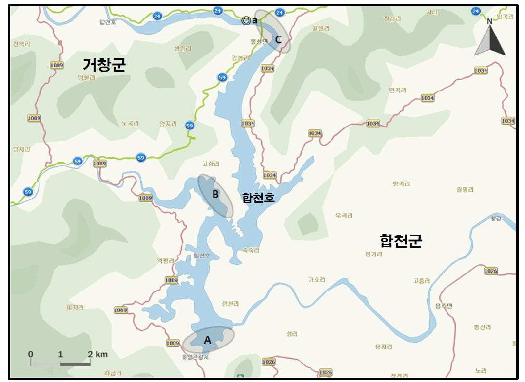 합천호 지역에서 개체수가 많이 관찰된 지역( )과 멸종위기 야생동식물 Ⅰ급(●), Ⅱ급(◎) 조류가 관찰된 지역