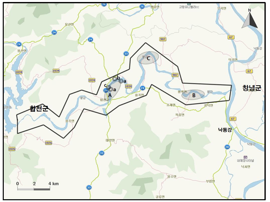 황강 지역에서 개체수가 많이 관찰된 지역( )과 멸종위기 야생동식물 Ⅰ급(●), Ⅱ급 (◎) 조류가 관찰된 지역