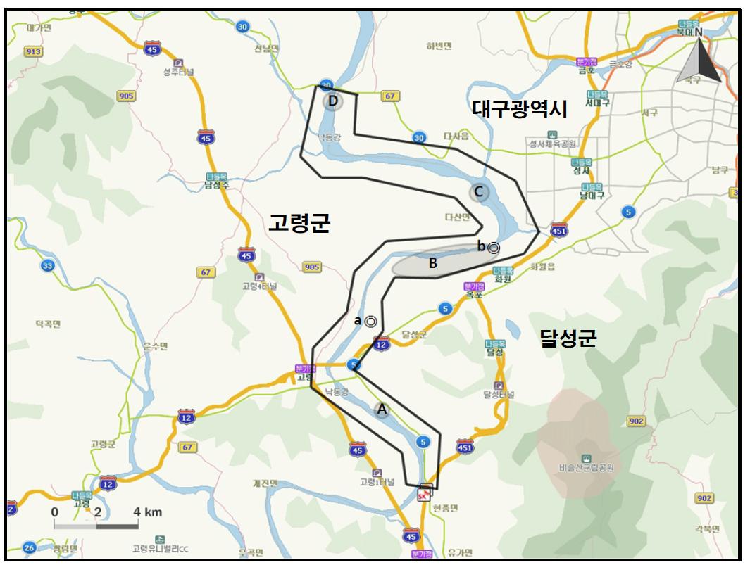 화원(도흥리-부리) 지역에서 개체수가 많이 관찰된 지역( )과 멸종위기 야생동식물 Ⅰ급(●), Ⅱ급(◎) 조류가 관찰된 지역