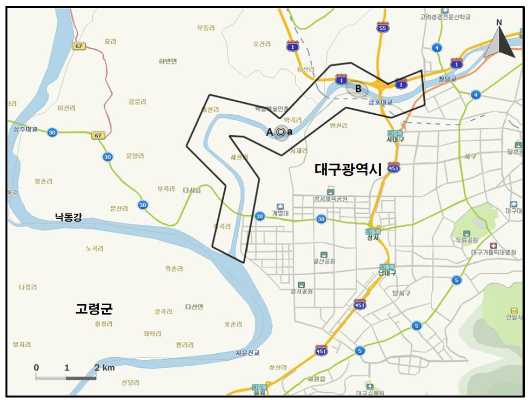 금호강 지역에서 개체수가 많이 관찰된 지역( )과 멸종위기 야생동식물 Ⅰ급(●), Ⅱ급(◎) 조류가 관찰된 지역