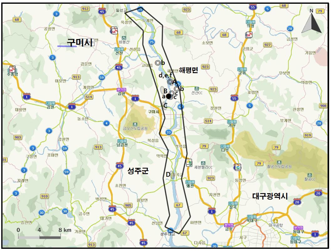 구미 해평(일선교~성주대교) 지역에서 개체수가 많이 관찰된 지역( )과 멸종위기 야생동식물 Ⅰ급(●), Ⅱ급(◎) 조류가 관찰된 지역.