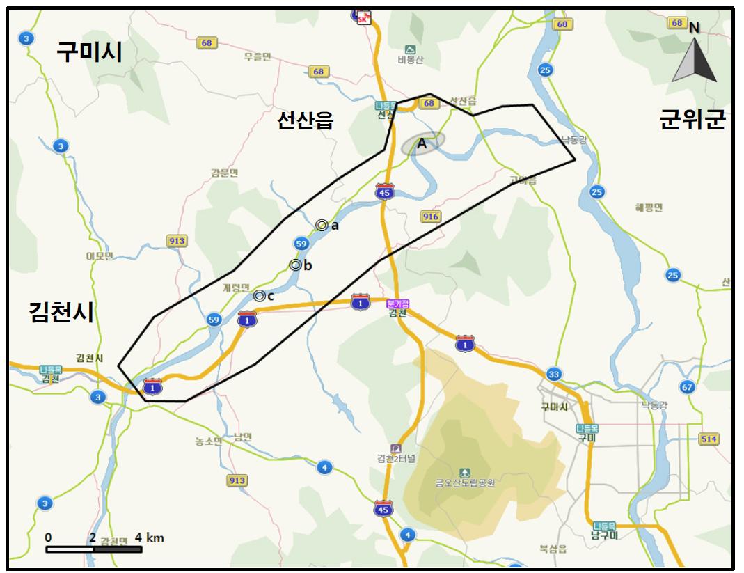 감천(남산교~김천대교) 지역에서 개체수가 많이 관찰된 지역( )과 멸종위기 야생동식물 Ⅰ급(●), Ⅱ급(◎) 조류가 관찰된 지역.