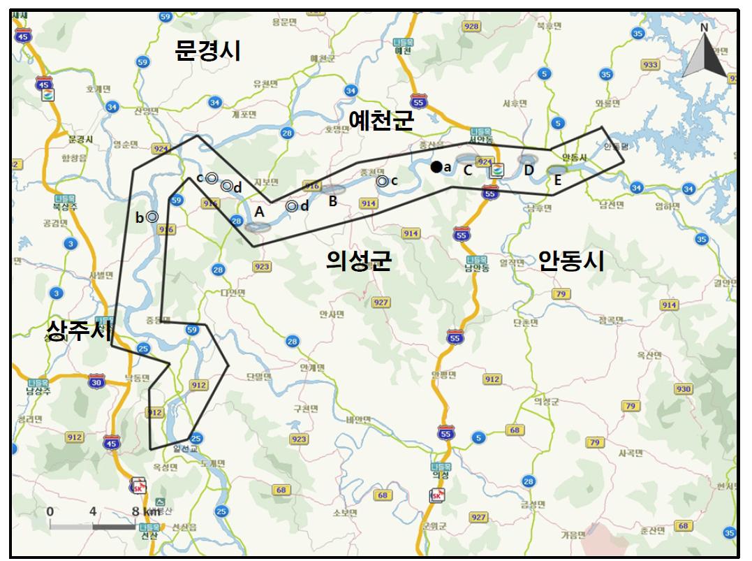 낙동강(일선교-안동시) 지역에서 개체수가 많이 관찰된 지역( )과 멸종위기 야생동식물 Ⅰ급(●), Ⅱ급(◎) 조류가 관찰된 지역