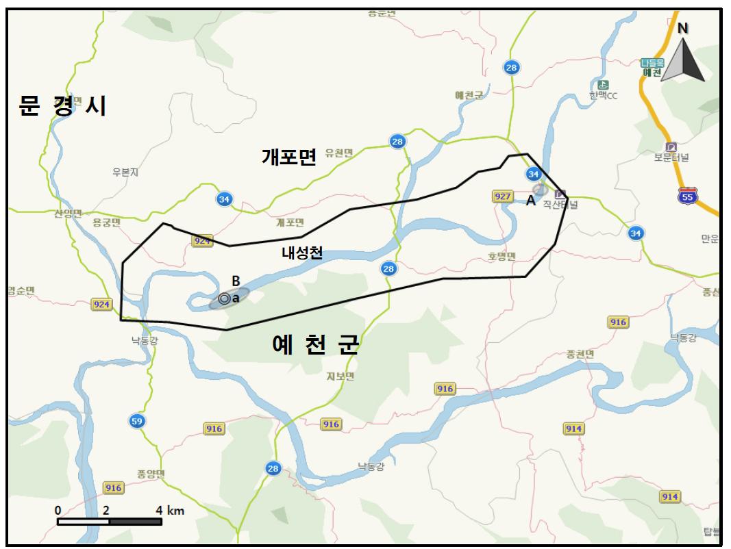 내성천 지역에서 개체수가 많이 관찰된 지역( )과 멸종위기 야생동식물 Ⅰ급(●), Ⅱ급(◎) 조류가 관찰된 지역