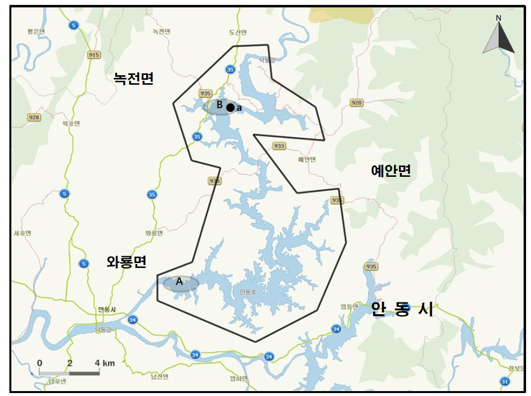 안동호 지역에서 개체수가 많이 관찰된 지역( )과 멸종위기 야생동식물 Ⅰ급(●), Ⅱ급(◎) 조류가 관찰된 지역.