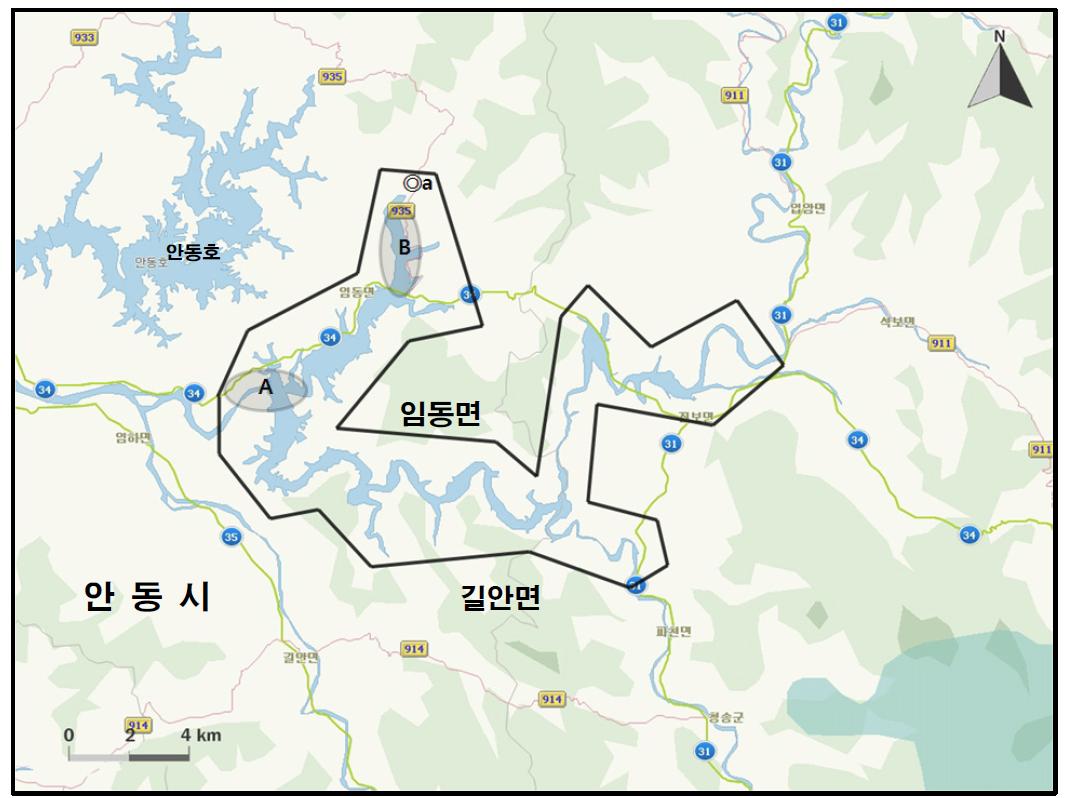 임하호 지역에서 개체수가 많이 관찰된 지역( )과 멸종위기 야생동식물 Ⅰ급(●), Ⅱ급(◎) 조류가 관찰된 지역.