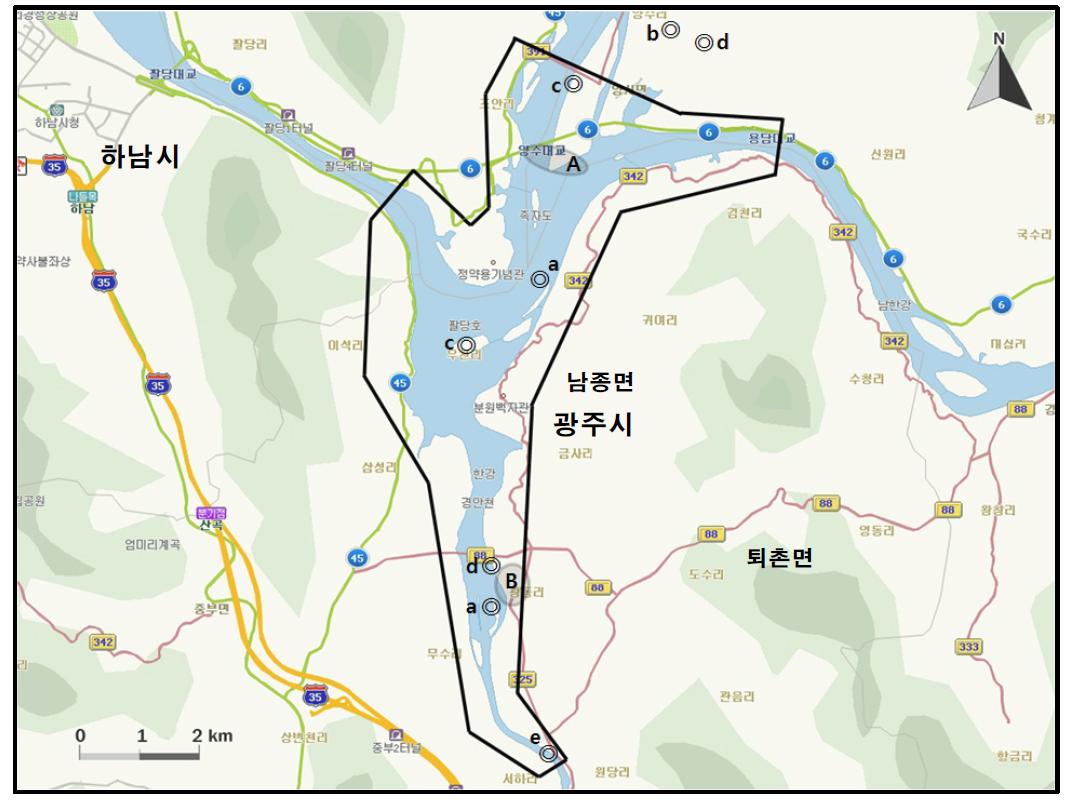 팔당호에서 개체수가 많이 관찰된 지역( )과 멸종위기 야생동식물 Ⅰ급(●), Ⅱ급(◎) 조류가 관찰된 지역.