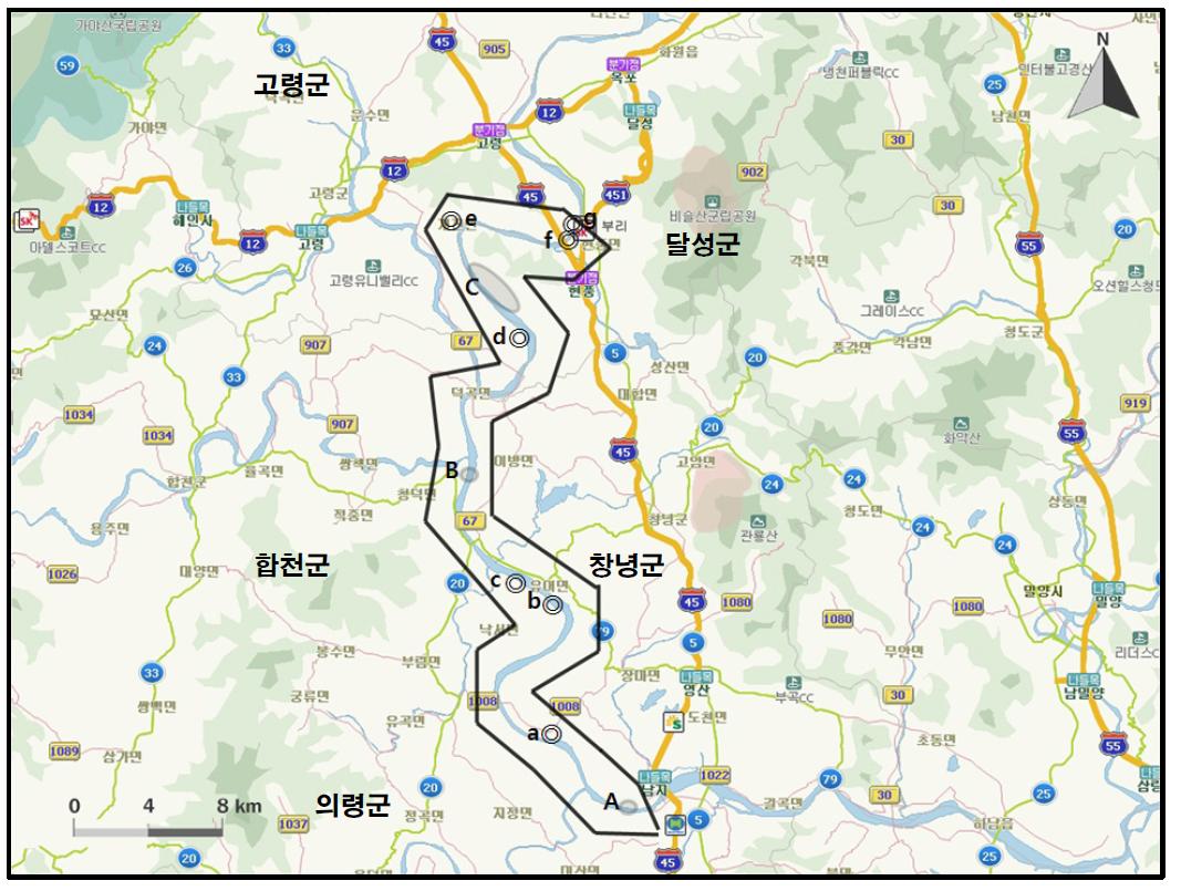 낙동강 (달성-남지) 지역에서 개체수가 많이 관찰된 지역( )과 멸종위기 야생동식물 Ⅰ급(●), Ⅱ급(◎) 조류가 관찰된 지역.