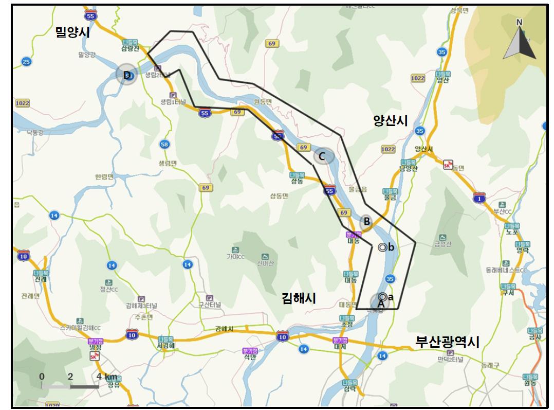 낙동강의 삼랑진-대동에서 개체수가 많이 관찰된 지역( )과 멸종위기 야생동물 Ⅱ급(◎) 조류가 관찰된 지역