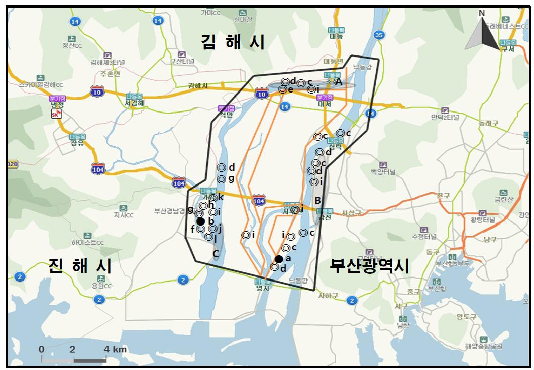 낙동강하구에서 개체수가 많이 관찰된 지역( )과 멸종위기 야생동식물 Ⅰ급(●), Ⅱ급(◎) 조류가 관찰된 지역