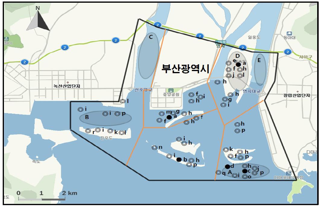 낙동강하구에서 개체수가 많이 관찰된 지역( )과 멸종위기 야생동식물Ⅰ급(●), Ⅱ급(◎) 조류가 관찰된 지역.