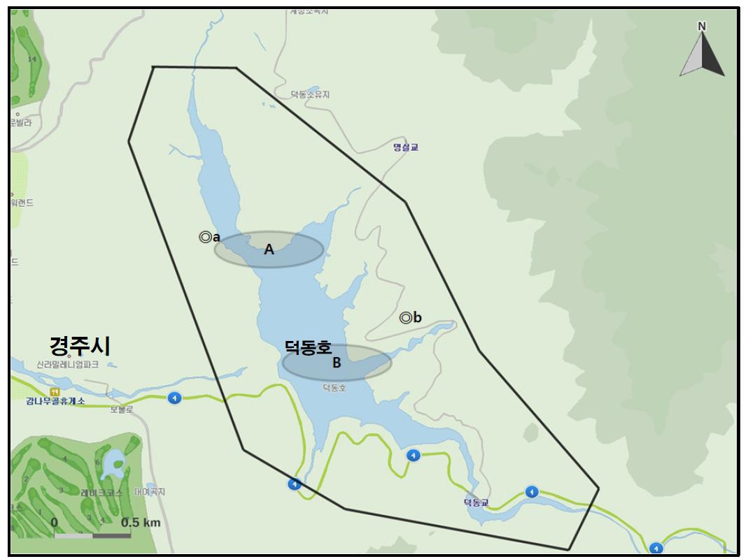 덕동호에서 개체수가 많이 관찰된 지역( )과 멸종위기 야생동식물 Ⅰ급(●), Ⅱ급(◎) 조류가 관찰된 지역