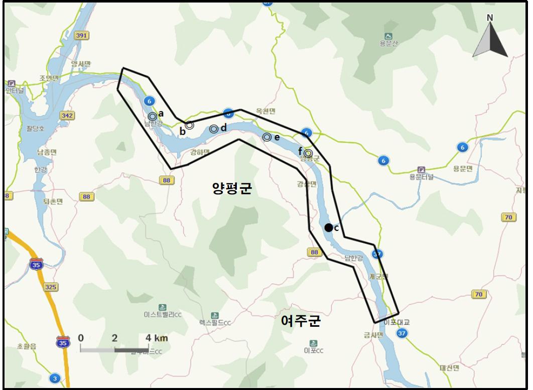 남한강(양평-여주)에서 개체수가 많이 관찰된 지역( )과 멸종위기 야생동·식물 Ⅰ급 (●), Ⅱ급(◎) 조류가 관찰된 지역.